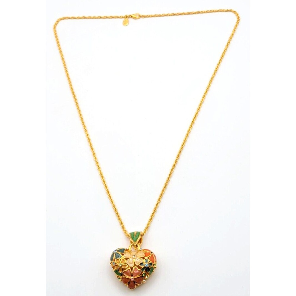 JOAN RIVERS FLOWER PUFFY HEART ENAMEL REVERSIBLE PENDANT NECKLACE SIGNED - Picture 3 of 4